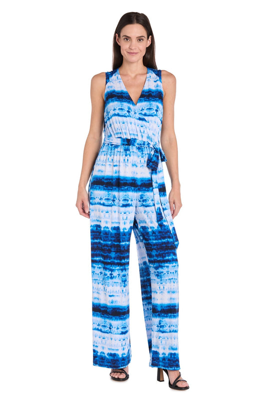 Printed Surplice Jumpsuit with Self Belt, Blue