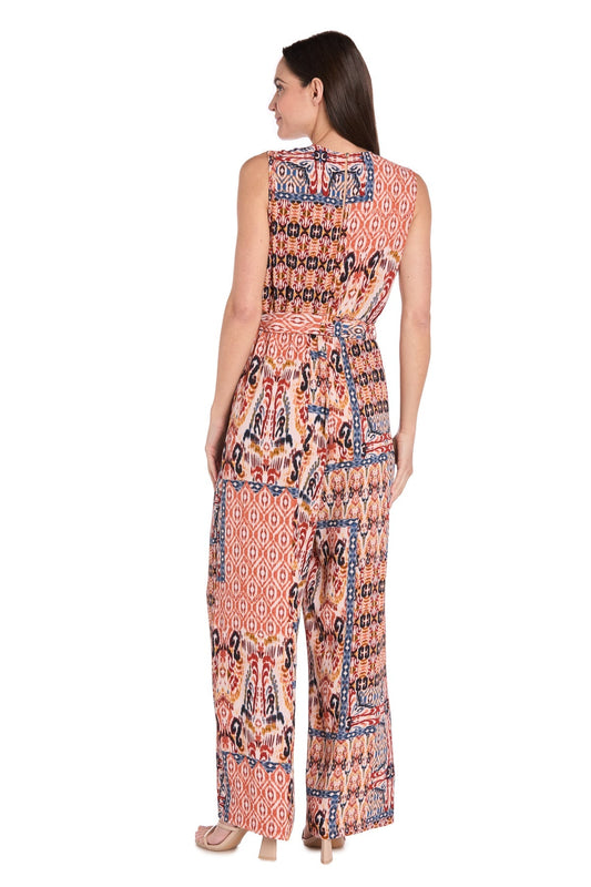 Printed Ikat Surplice Jumpsuit with Self Belt