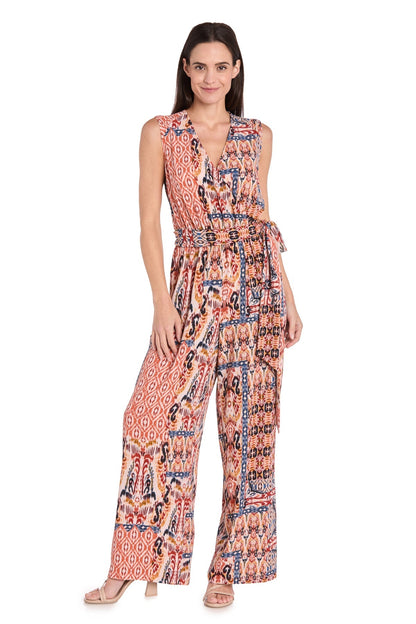 Printed Ikat Surplice Jumpsuit with Self Belt