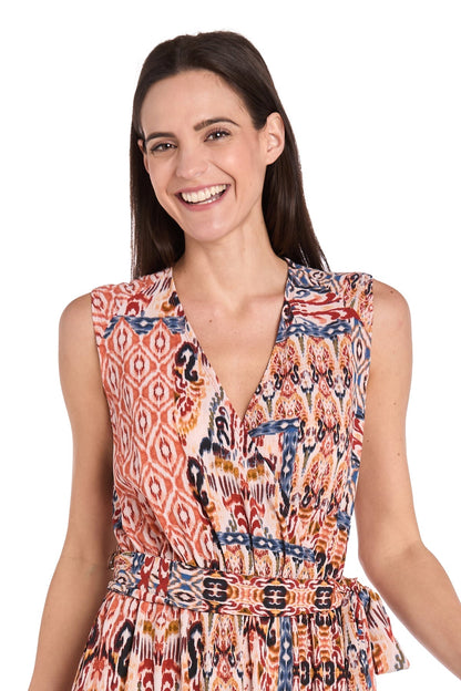 Printed Ikat Surplice Jumpsuit with Self Belt