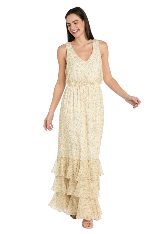 Printed Blouson Maxi Dress with Flounce Hem