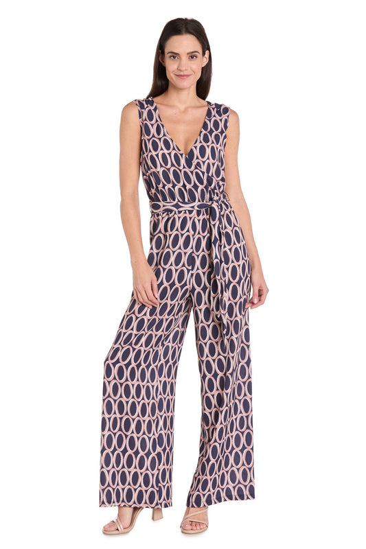 Printed Surplice Jumpsuit with Self Belt, Navy/Tan