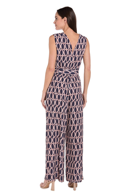 Printed Surplice Jumpsuit with Self Belt, Navy/Tan
