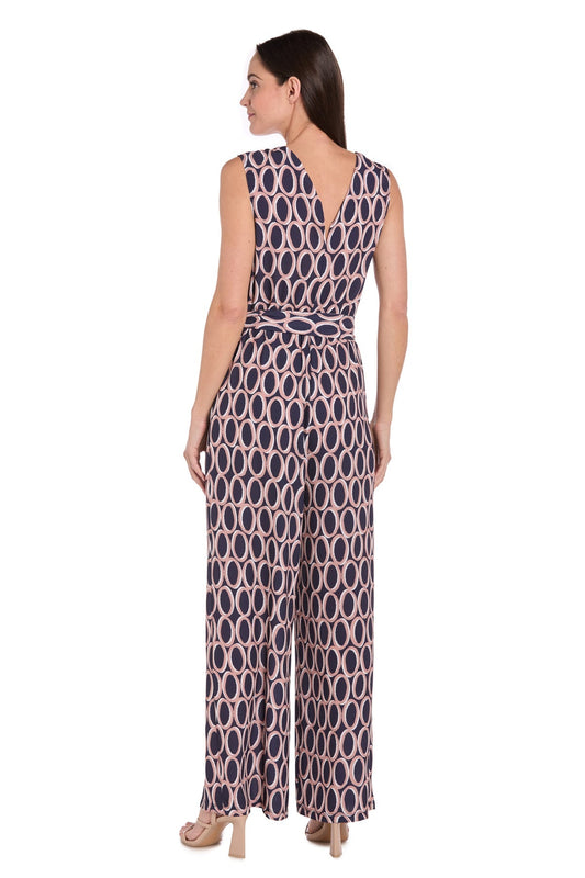 Printed Surplice Jumpsuit with Self Belt, Navy/Tan
