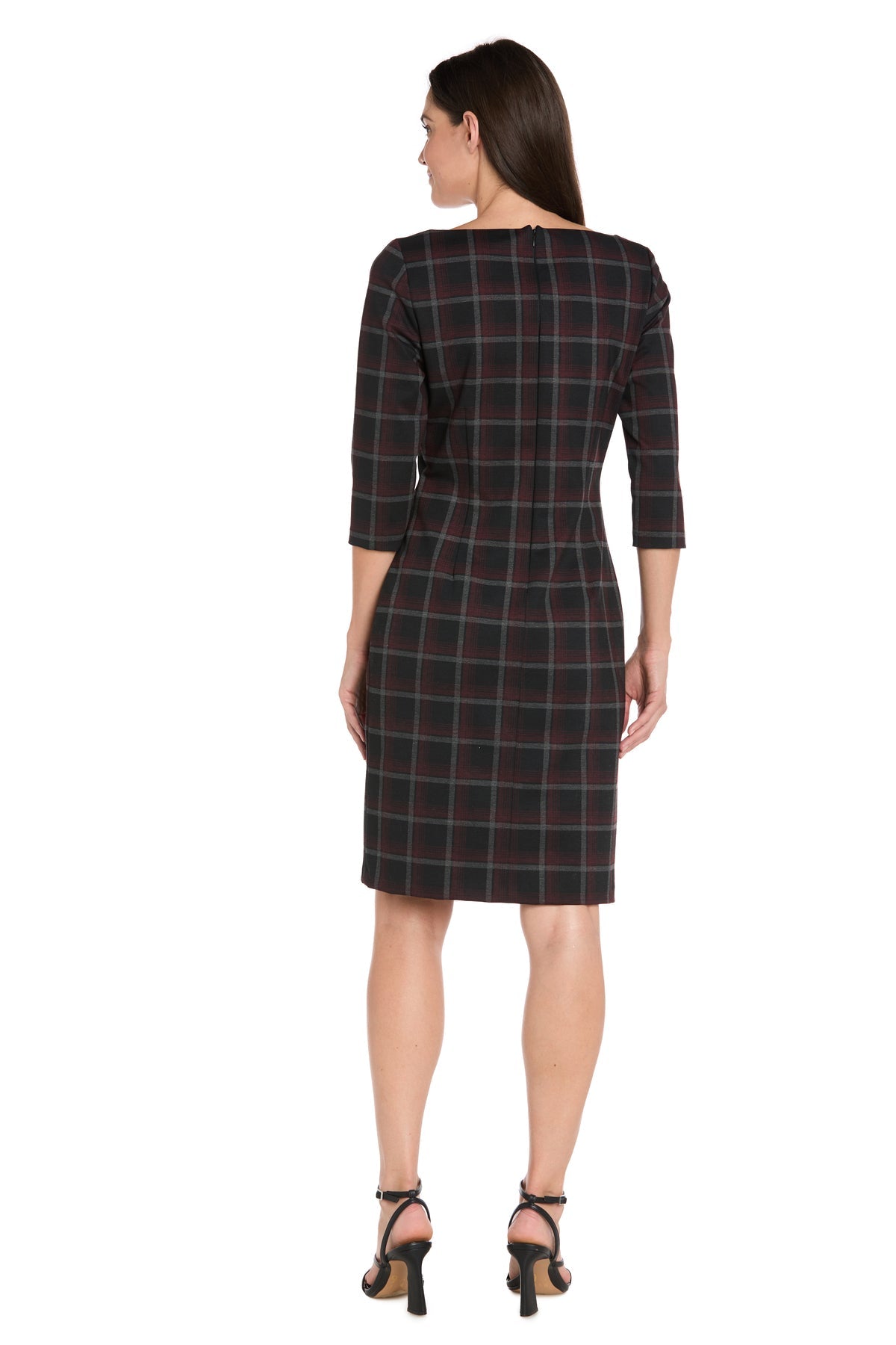 Printed Plaid Ponte Shift Dress with Faux Leather Trim
