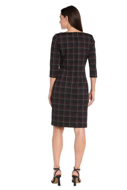 Printed Plaid Ponte Shift Dress with Faux Leather Trim