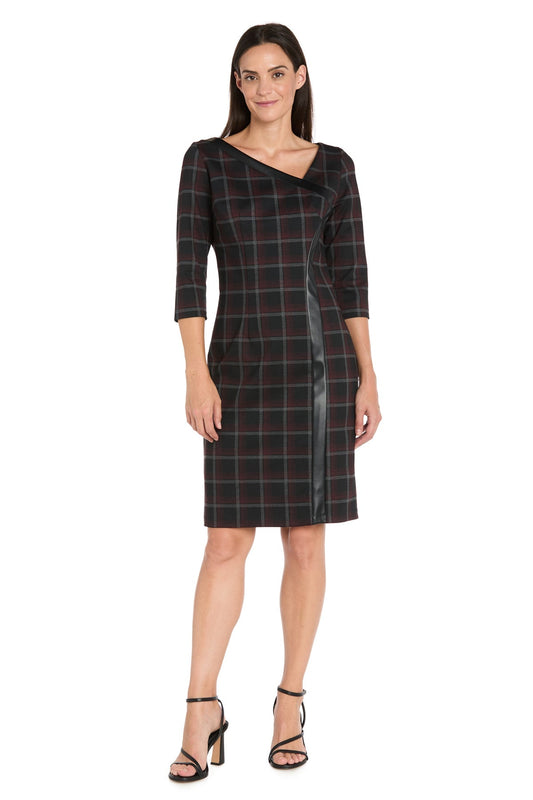 Printed Plaid Ponte Shift Dress with Faux Leather Trim