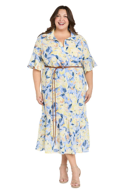 Printed Midi Shirt Dress with Bell Sleeve and Belt - Plus