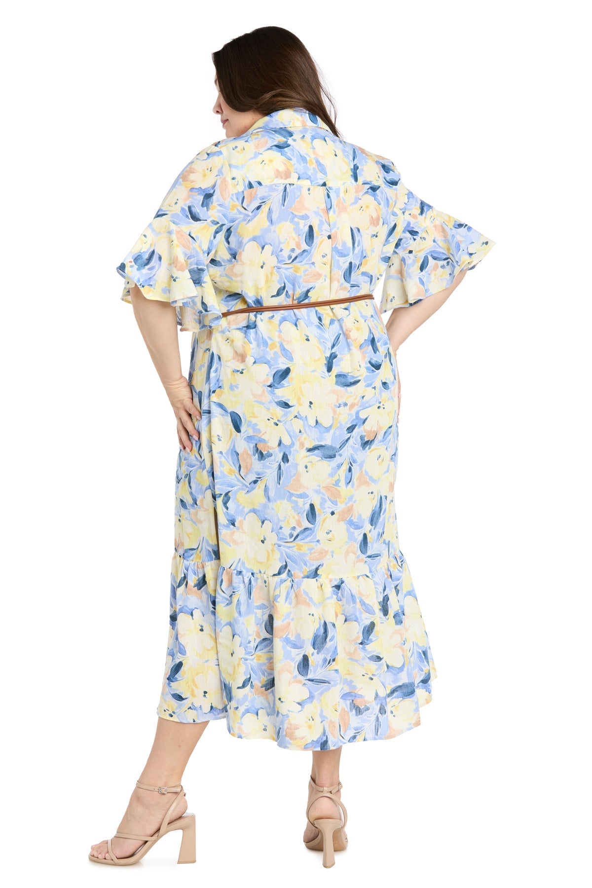 Printed Midi Shirt Dress with Bell Sleeve and Belt - Plus