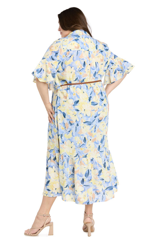 Printed Midi Shirt Dress with Bell Sleeve and Belt - Plus