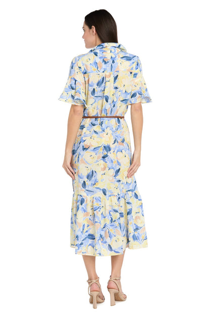 Printed Midi Shirt Dress with Bell Sleeve and Belt