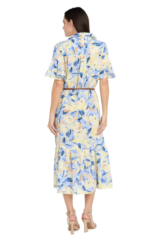 Printed Midi Shirt Dress with Bell Sleeve and Belt