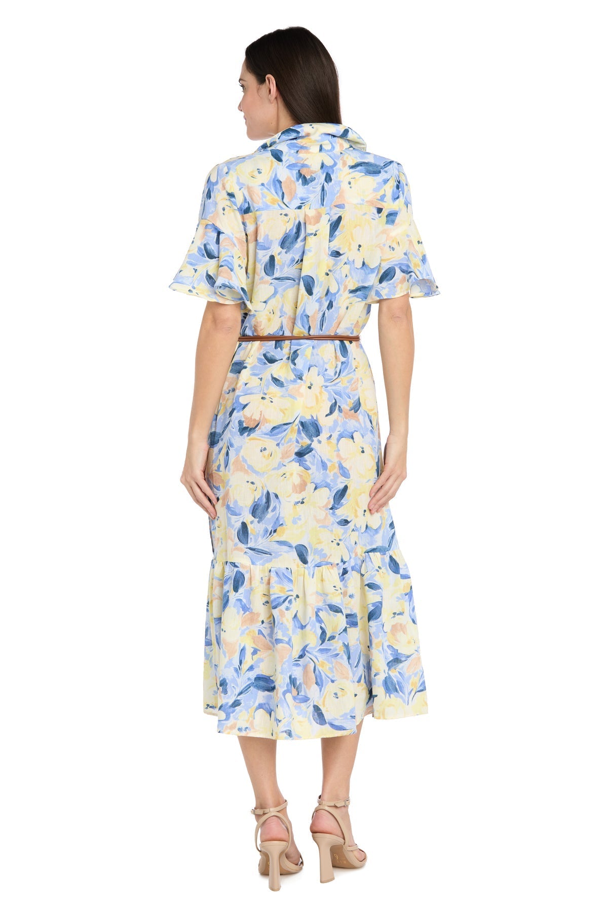 Printed Midi Shirt Dress with Bell Sleeve and Belt - Petite