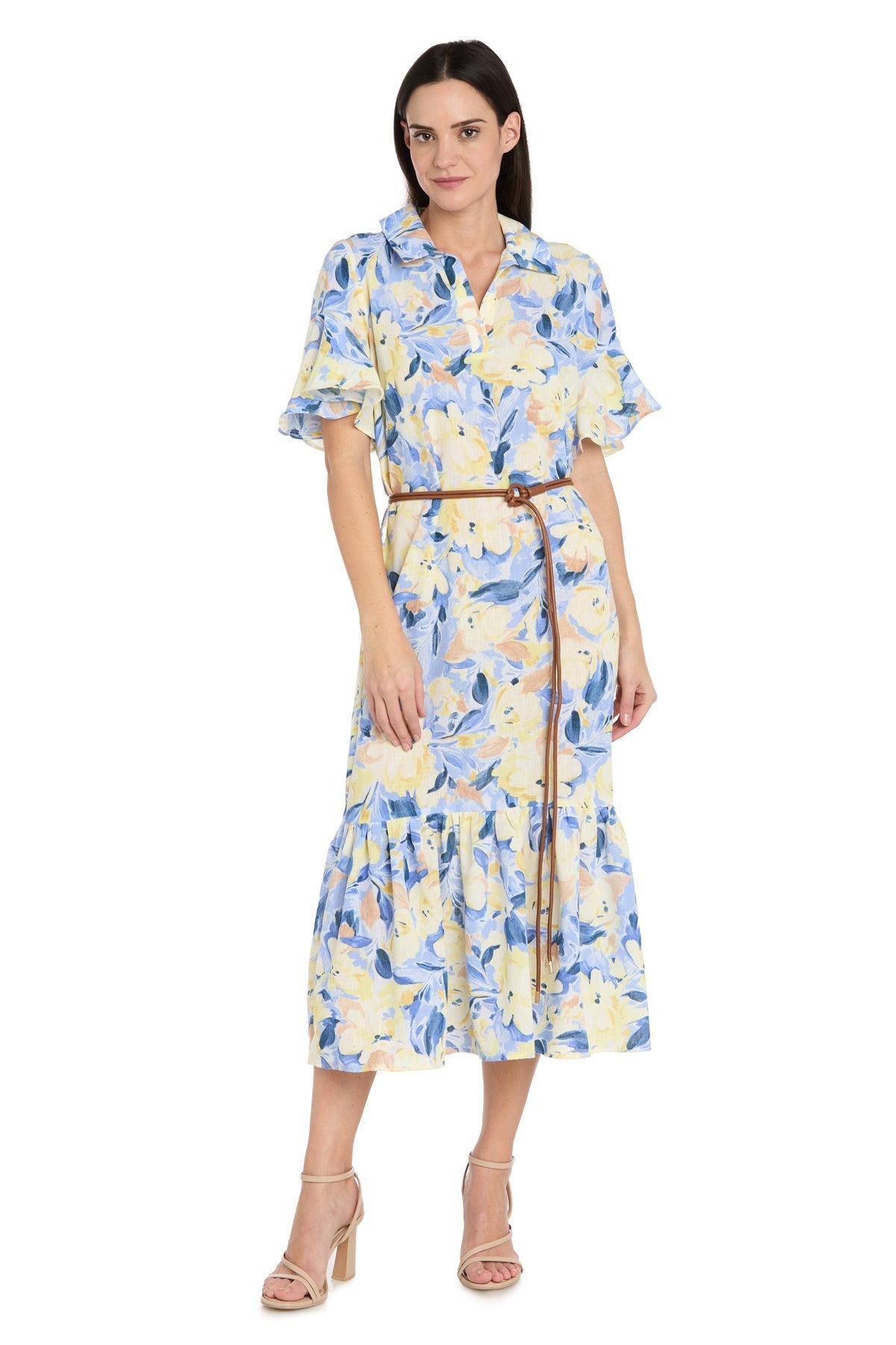 Printed Midi Shirt Dress with Bell Sleeve and Belt - Petite