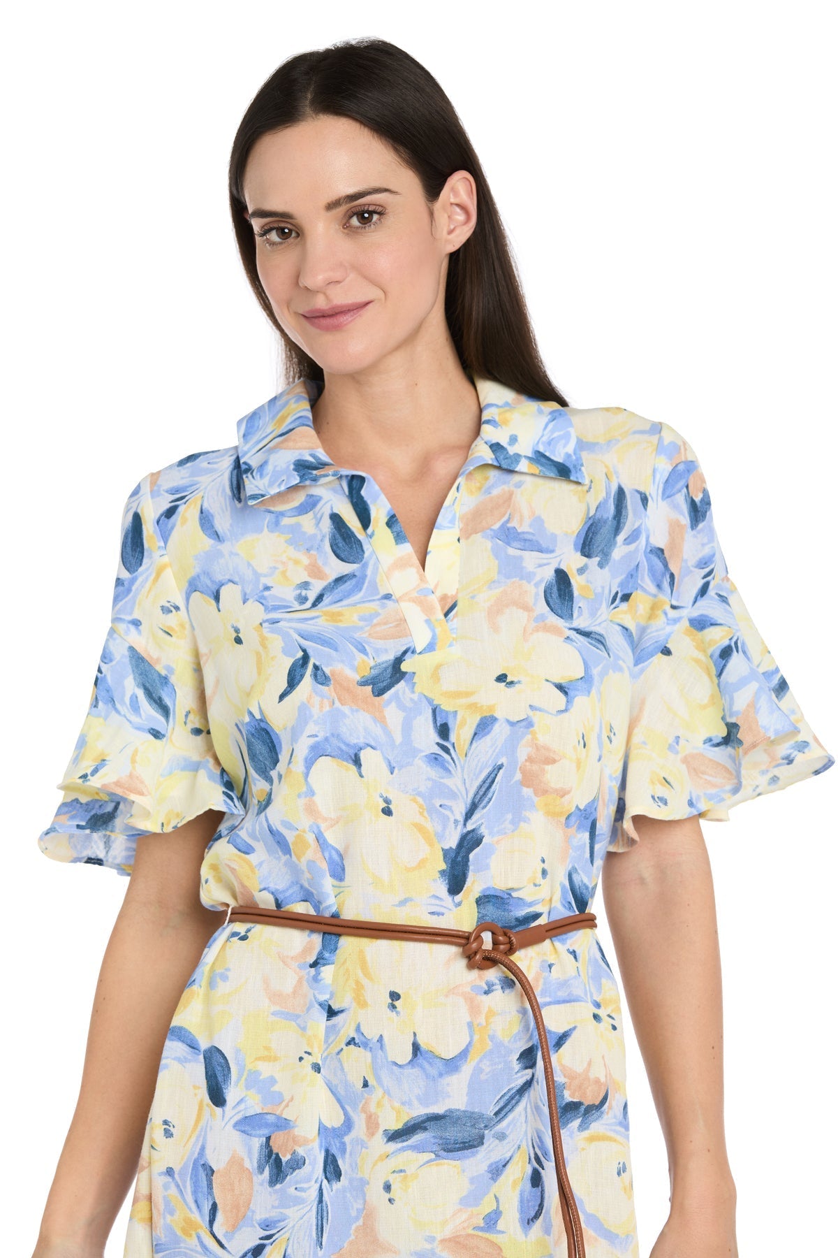 Printed Midi Shirt Dress with Bell Sleeve and Belt - Petite