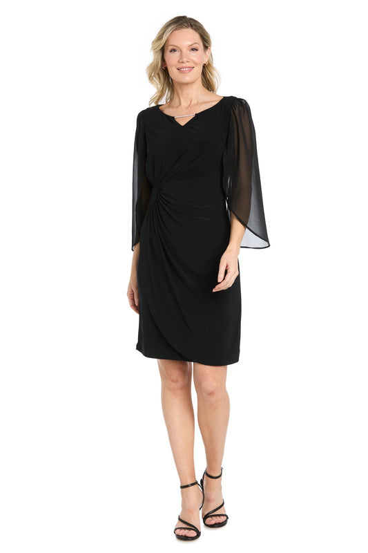 Short Jersey Dress with Tulip Chiffon Sleeve - Black