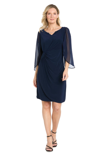 Short Jersey Dress with Tulip Chiffon Sleeve - Navy