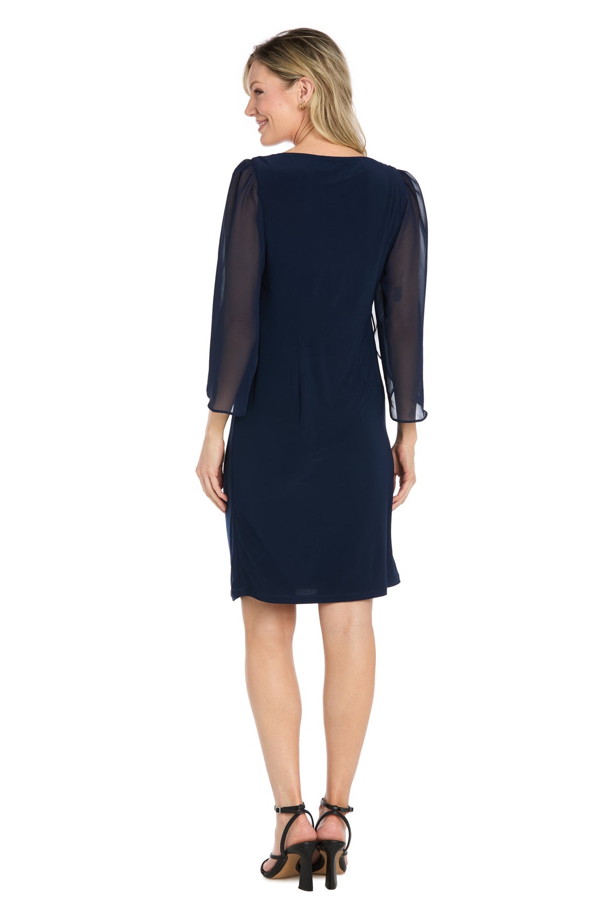 Short Jersey Dress with Tulip Chiffon Sleeve - Navy