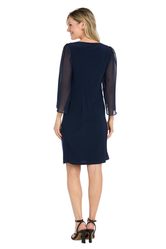 Short Jersey Dress with Tulip Chiffon Sleeve - Navy