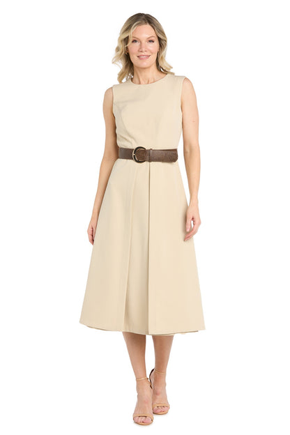 Stretch Twill Midi Dress with Split Skirt and Belt