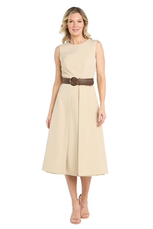 Stretch Twill Midi Dress with Split Skirt and Belt