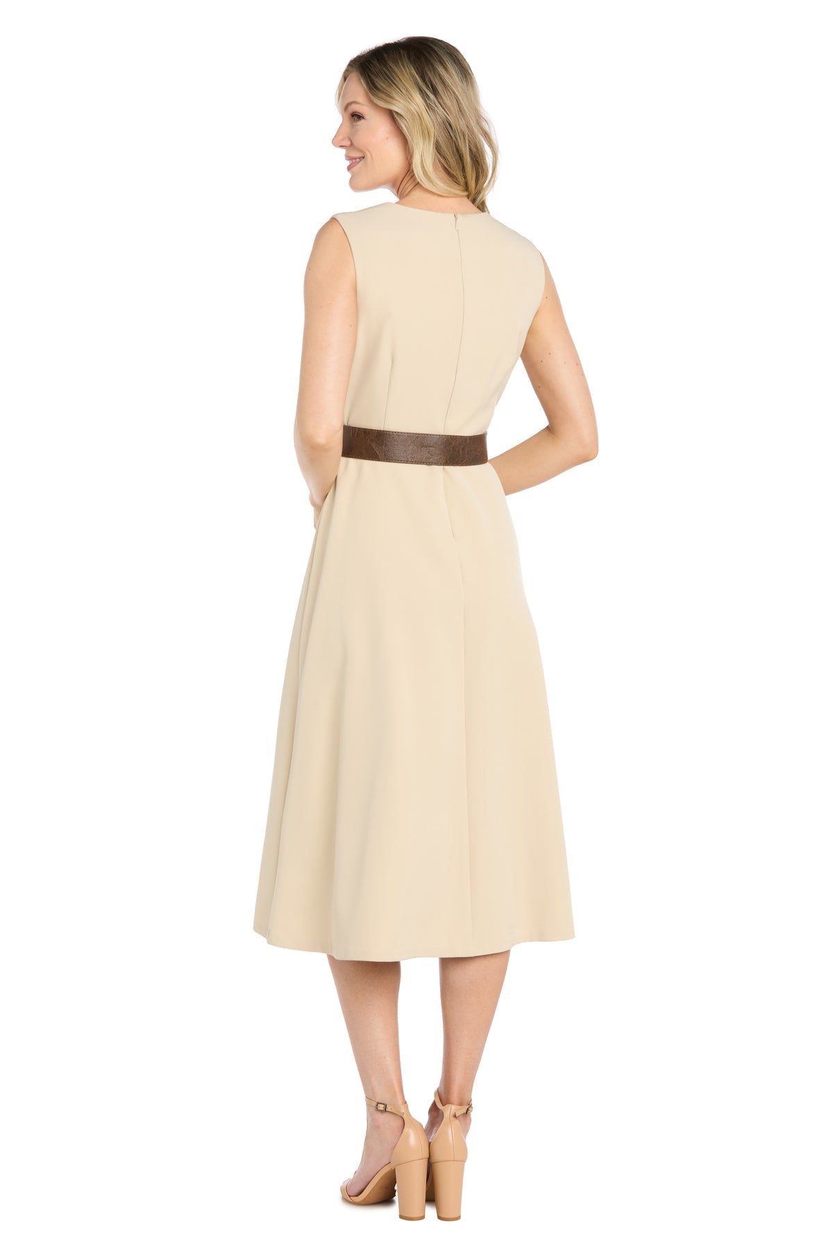 Stretch Twill Midi Dress with Split Skirt and Belt