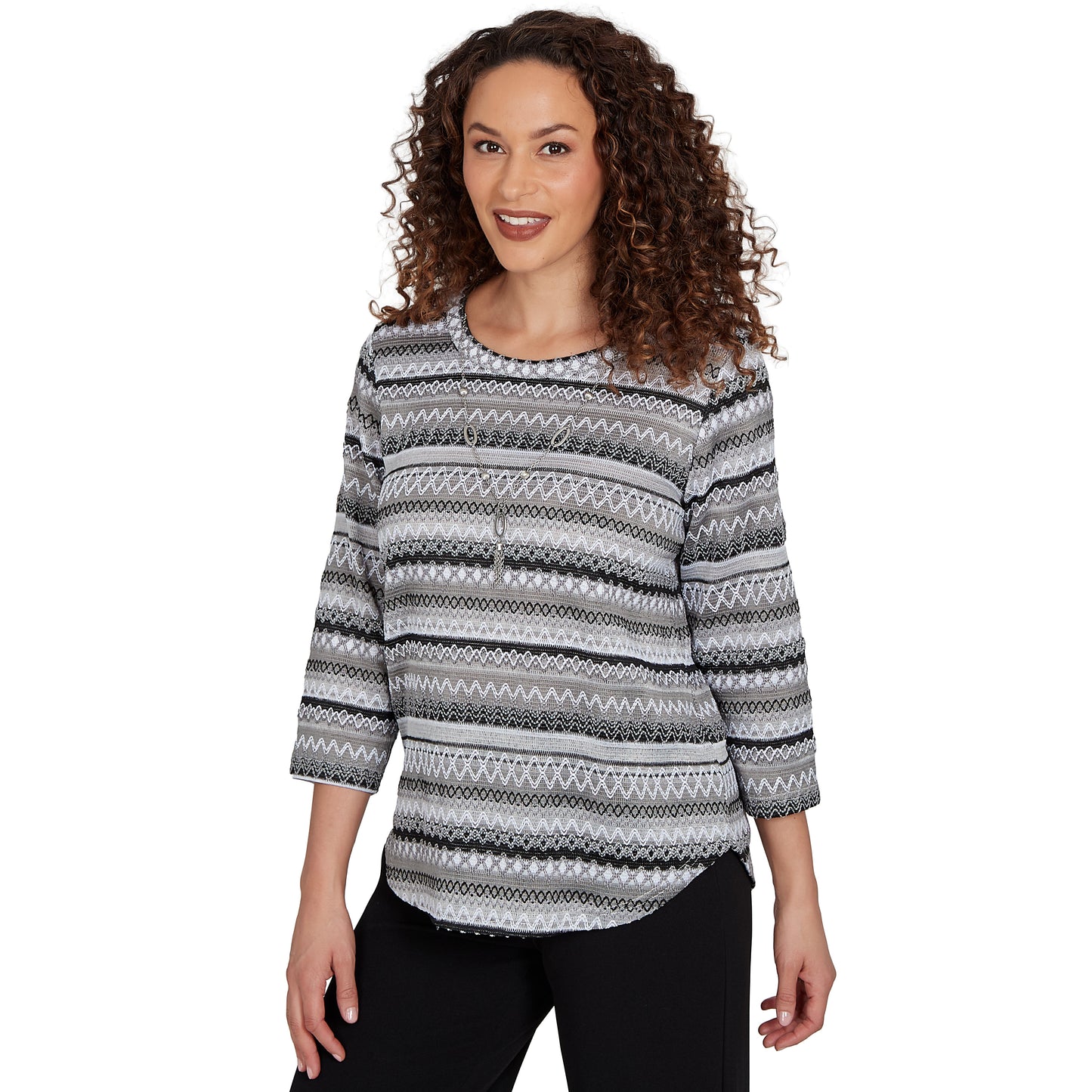 Alfred Dunner Textured Stripe Knit Top with Necklace - Grey