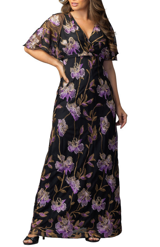 Embroidered Elegance Evening Gown Purple Peonies