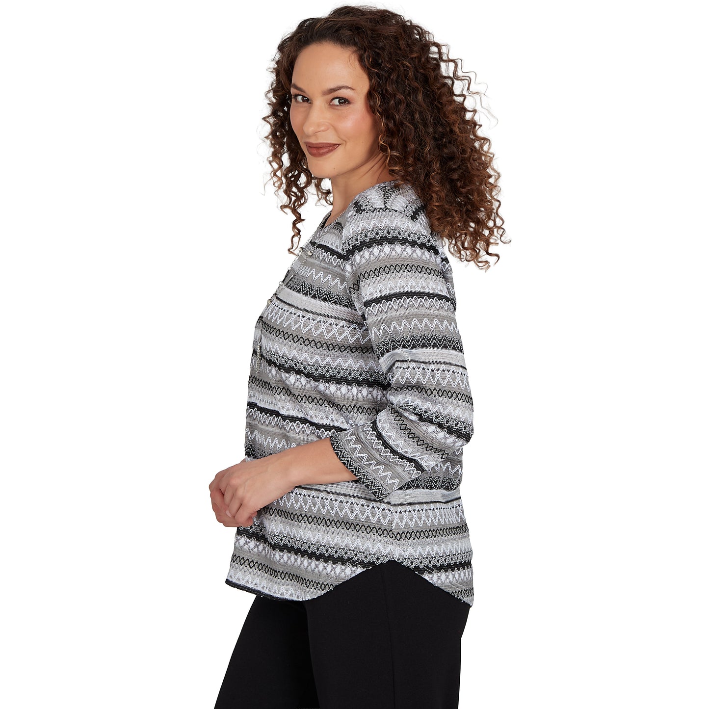 Alfred Dunner Textured Stripe Knit Top with Necklace - Grey