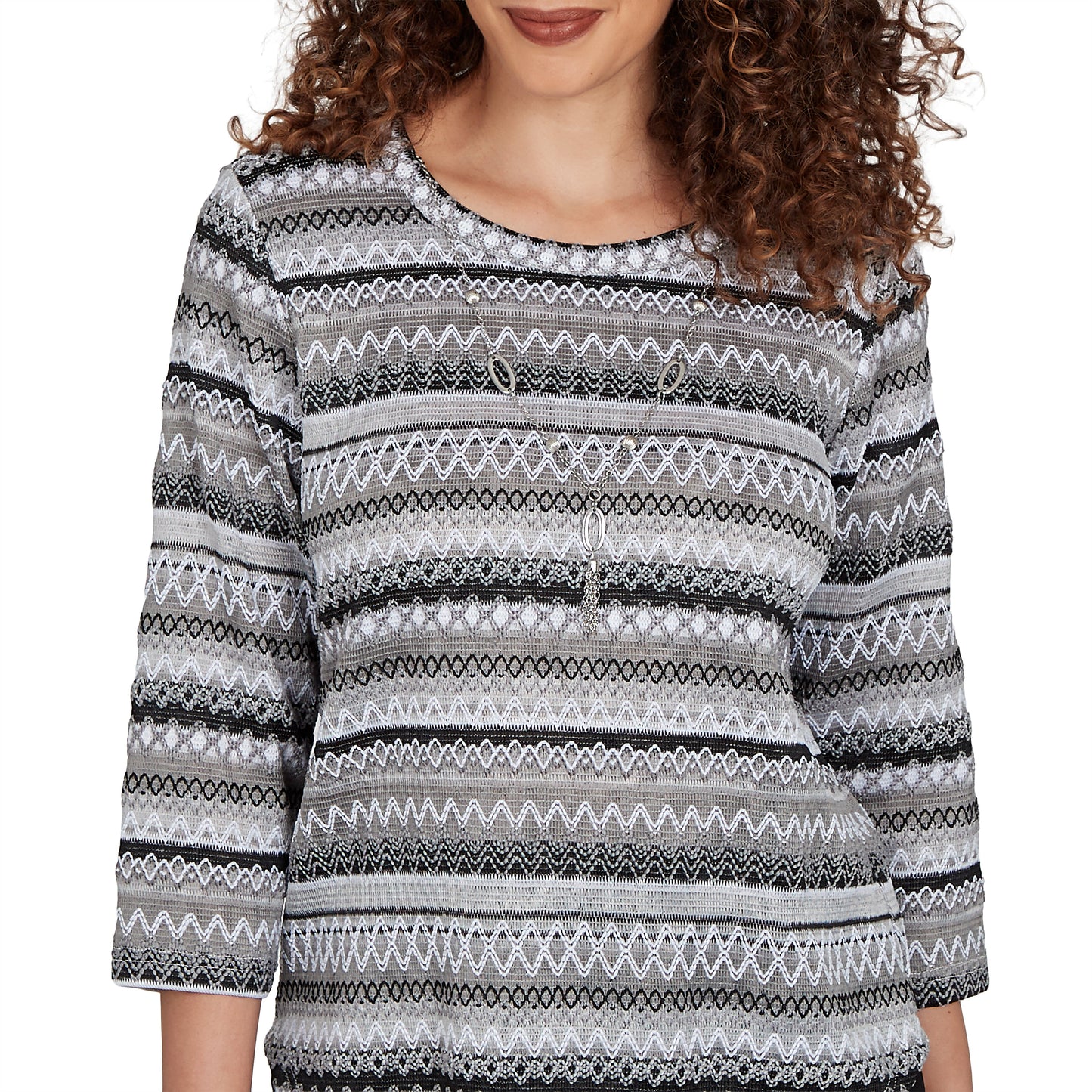 Alfred Dunner Textured Stripe Knit Top with Necklace - Grey