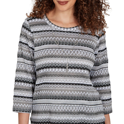 Alfred Dunner Textured Stripe Knit Top with Necklace - Grey