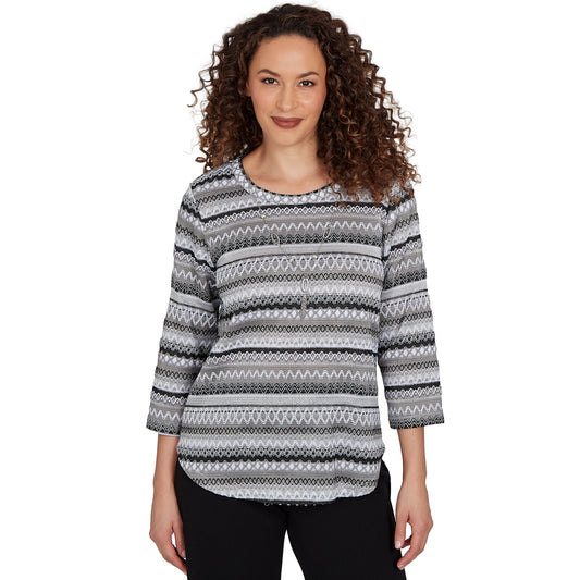 Alfred Dunner Textured Stripe Knit Top with Necklace - Grey