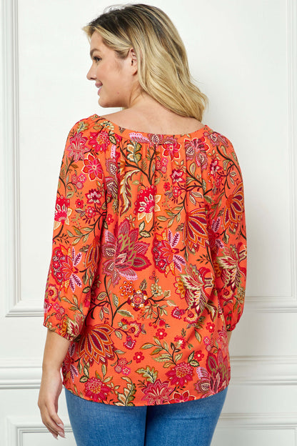 3/4 Sleeve Beaded Tie-Neck Blouse in Orange/Magenta/Olive - Plus