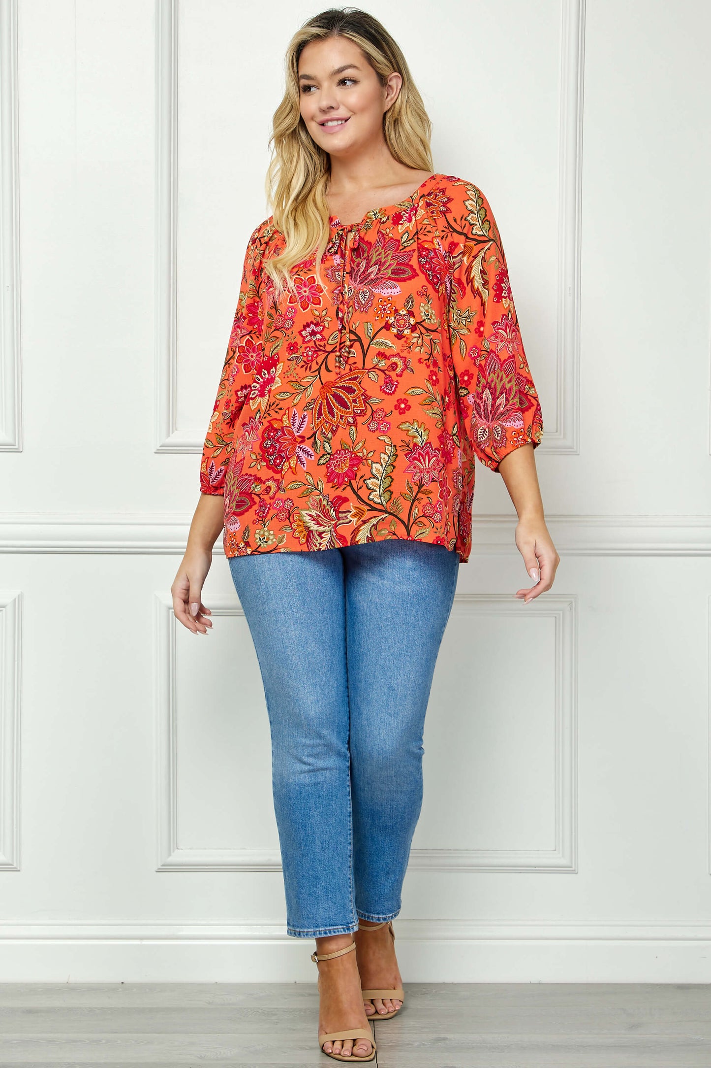 3/4 Sleeve Beaded Tie-Neck Blouse in Orange/Magenta/Olive - Plus