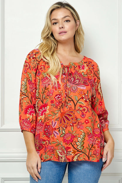 3/4 Sleeve Beaded Tie-Neck Blouse in Orange/Magenta/Olive - Plus