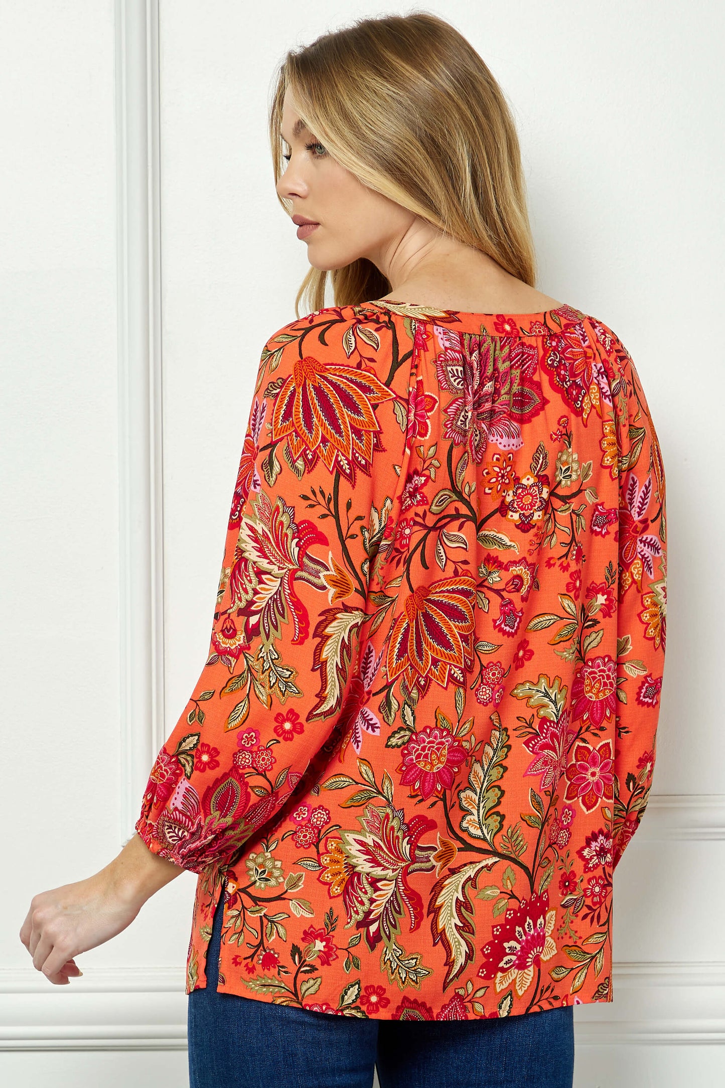 3/4 Sleeve Beaded Tie-Neck Blouse in Orange/Magenta/Olive