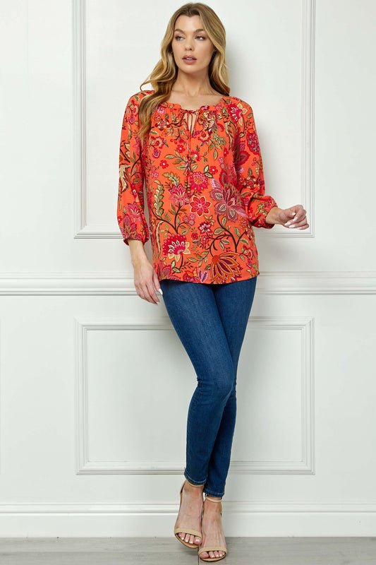 3/4 Sleeve Beaded Tie-Neck Blouse in Orange/Magenta/Olive