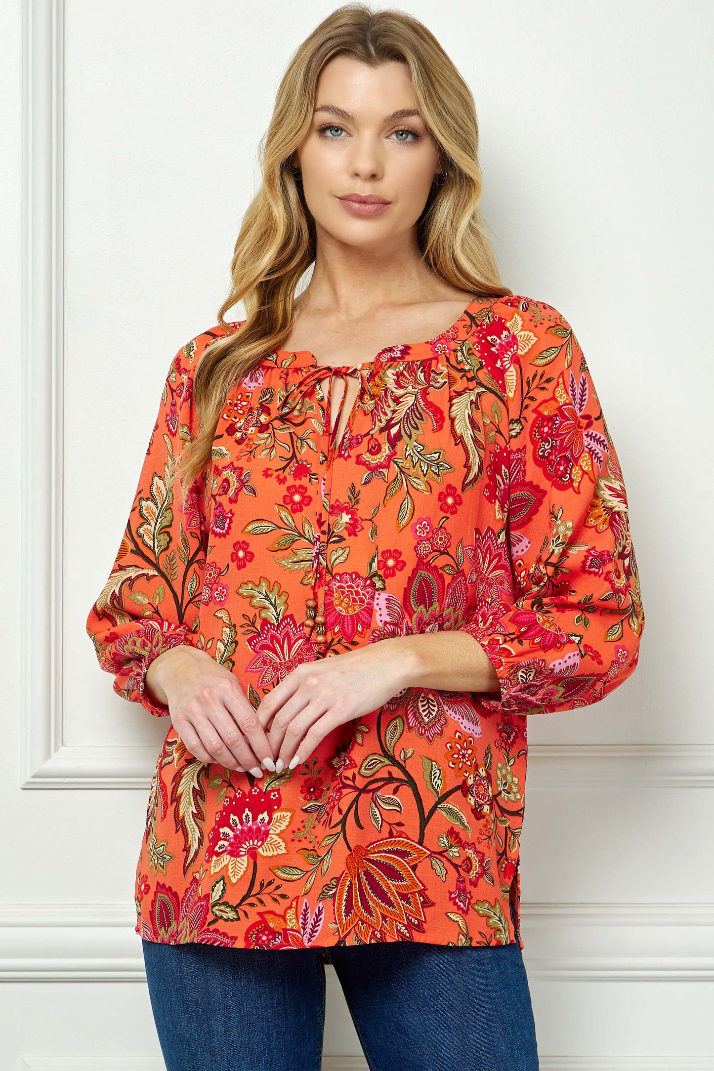 3/4 Sleeve Beaded Tie-Neck Blouse in Orange/Magenta/Olive
