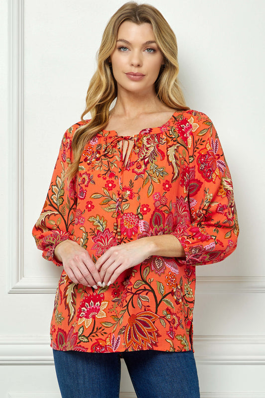 3/4 Sleeve Beaded Tie-Neck Blouse in Orange/Magenta/Olive