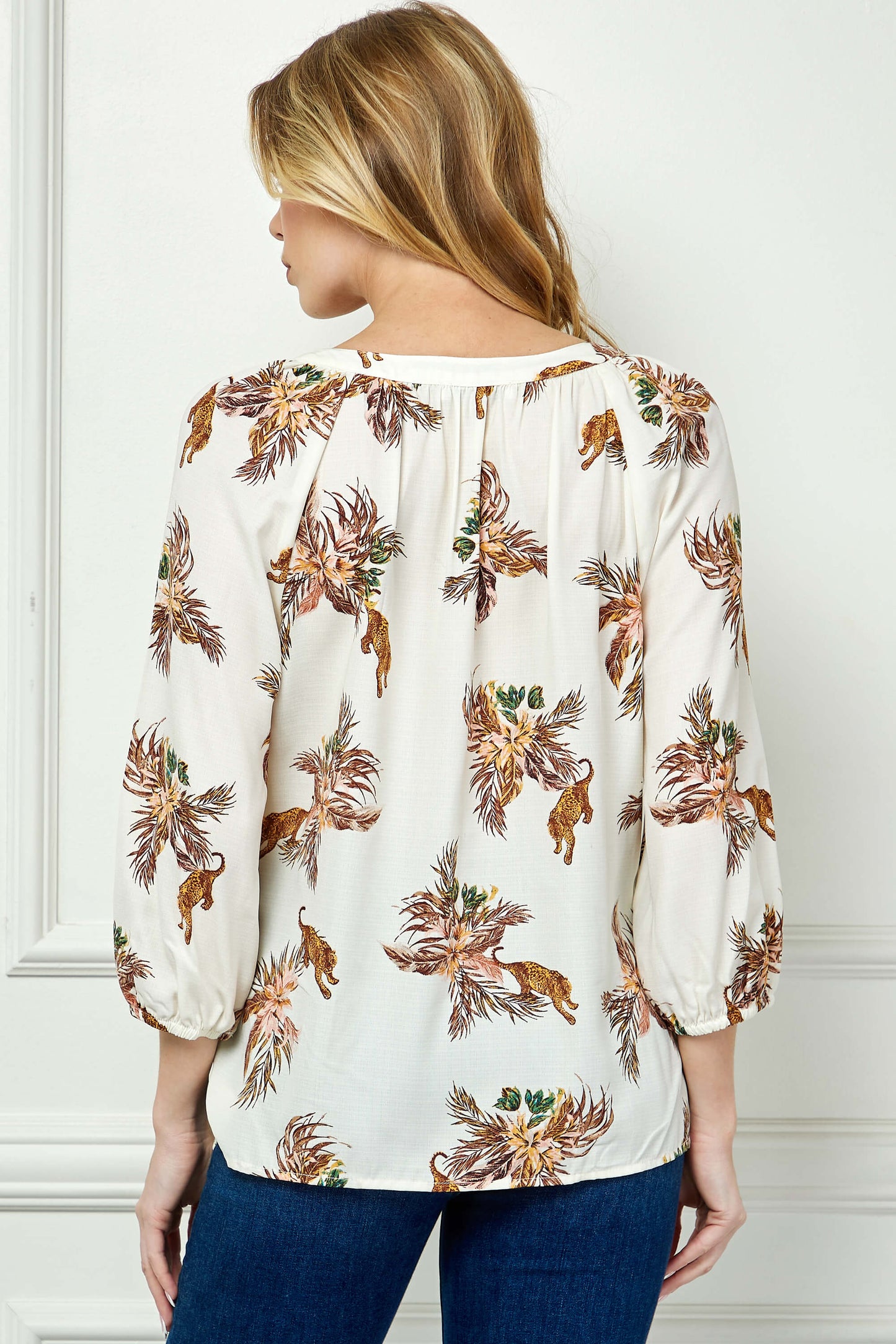 3/4 Sleeve Beaded Tie-Neck Blouse in Cream/Mocha/Coral
