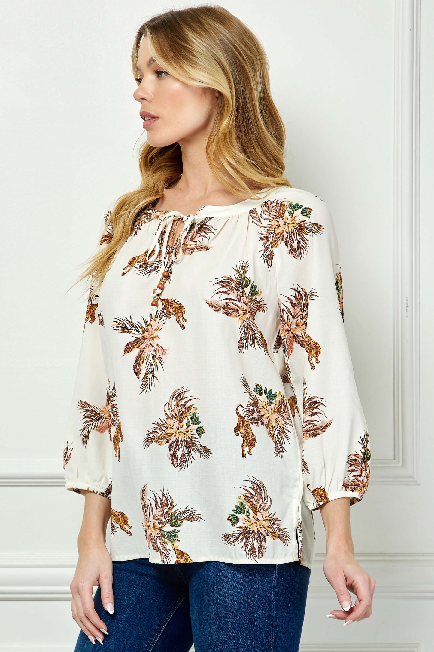 3/4 Sleeve Beaded Tie-Neck Blouse in Cream/Mocha/Coral