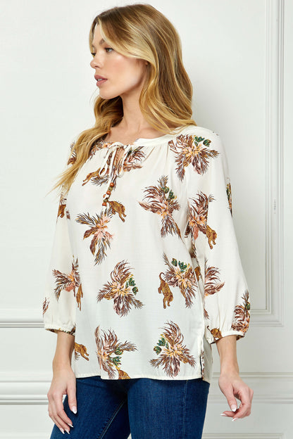 3/4 Sleeve Beaded Tie-Neck Blouse in Cream/Mocha/Coral
