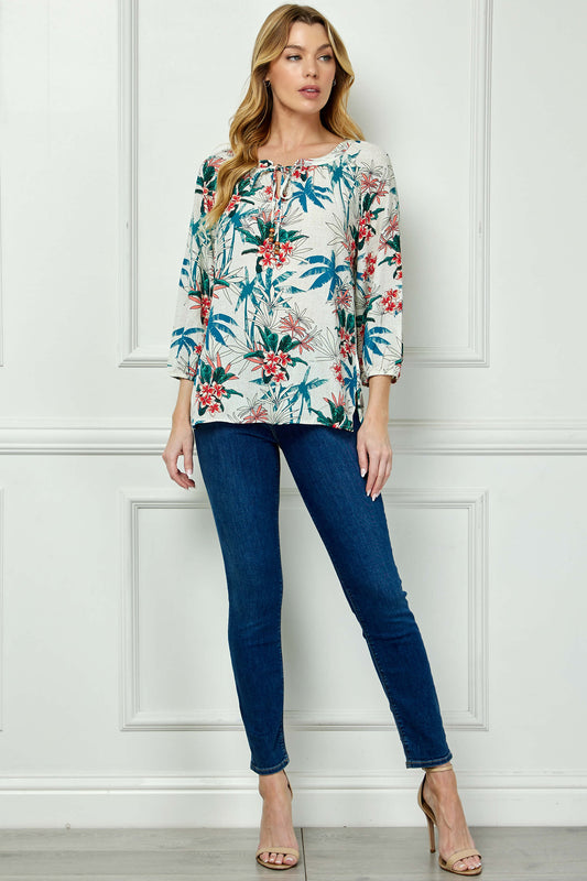 3/4 Sleeve Beaded Tie-Neck Blouse in Tan/Teal/Rust