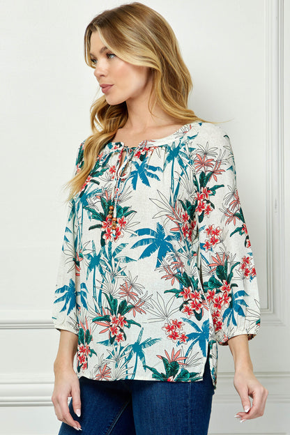 3/4 Sleeve Beaded Tie-Neck Blouse in Tan/Teal/Rust