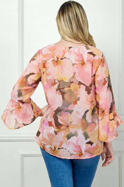3/4 Ruffle Sleeve V-Neck Swing Blouse in Yellow/Peach/Brown - Plus