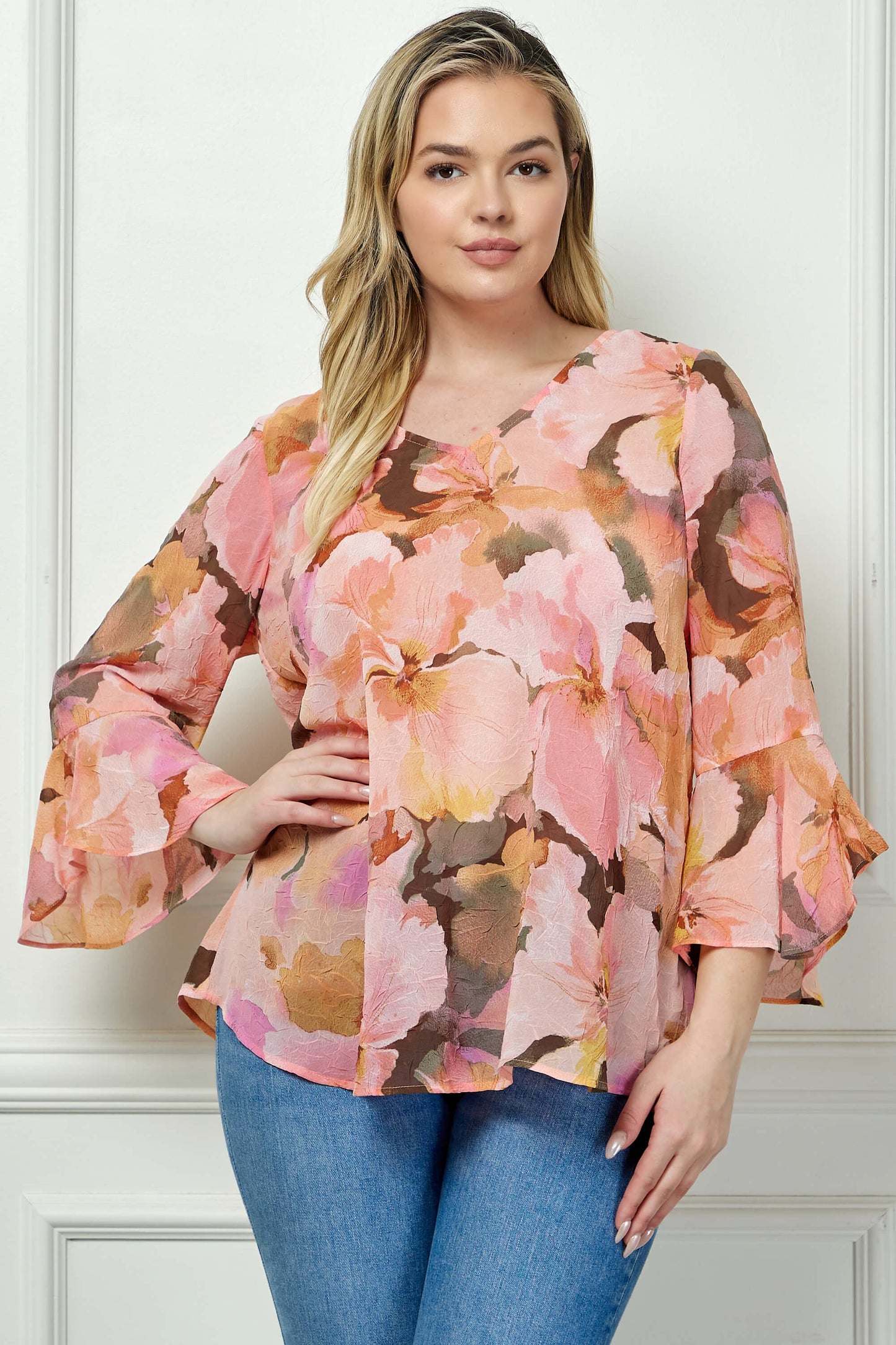 3/4 Ruffle Sleeve V-Neck Swing Blouse in Yellow/Peach/Brown - Plus