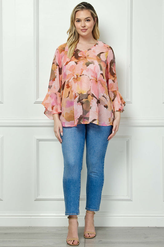 3/4 Ruffle Sleeve V-Neck Swing Blouse in Yellow/Peach/Brown - Plus