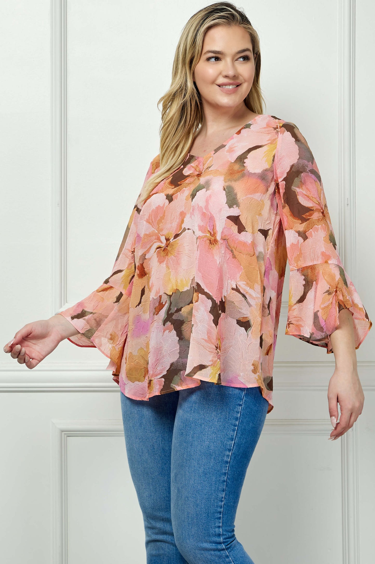 3/4 Ruffle Sleeve V-Neck Swing Blouse in Yellow/Peach/Brown - Plus