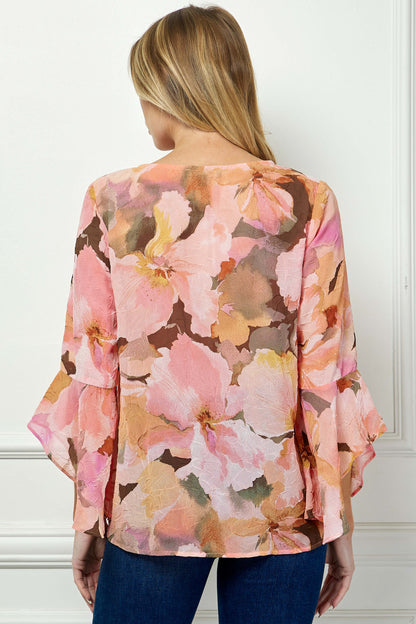3/4 Ruffle Sleeve V-Neck Swing Blouse in Yellow/Peach/Brown