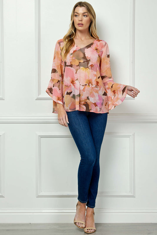 3/4 Ruffle Sleeve V-Neck Swing Blouse in Yellow/Peach/Brown